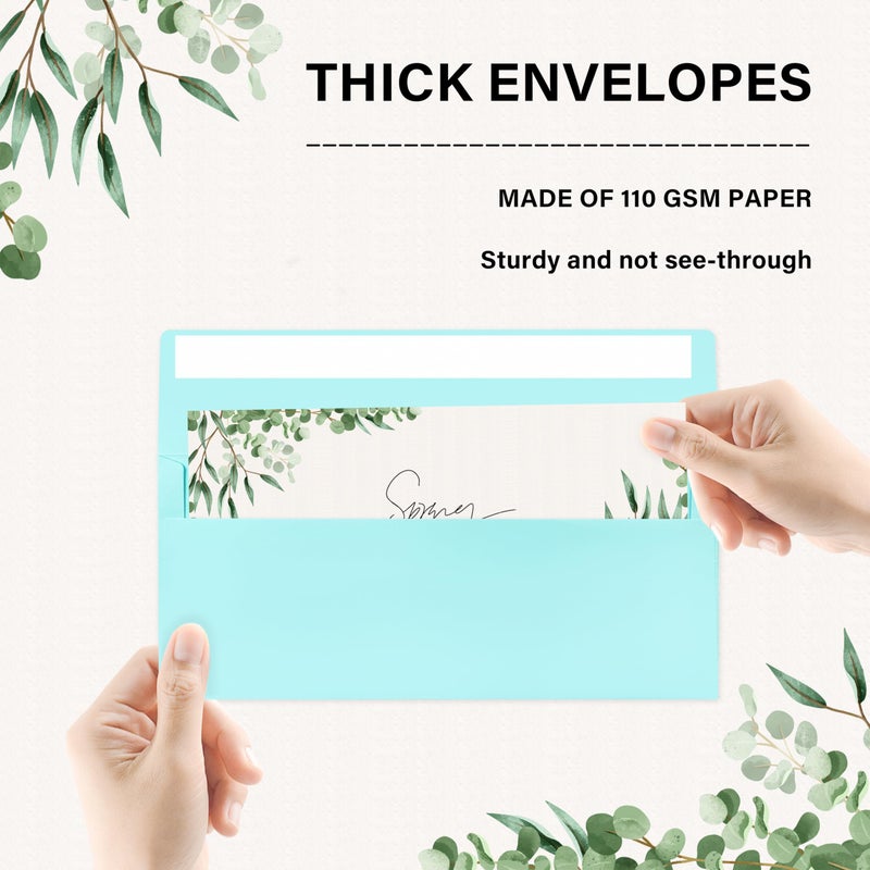 QIKSION 50 حزمة رقم 10 مظاريف عمل، مظاريف زرقاء فاتحة قياسية ذاتية الغلق للأعمال الآمنة والبريد القانوني، المكتب، الشيكات، الرسائل، الفواتير، 4 1/8 × 9 1/2 بوصة - Image 3